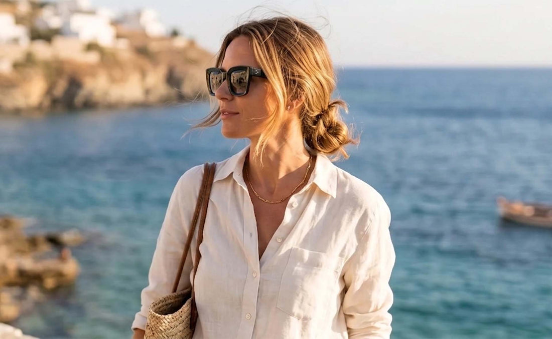 Woman by the sea in bright light wearing Ocean square sunglasses