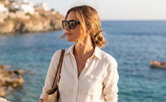Woman by the sea in bright light wearing Ocean square sunglasses