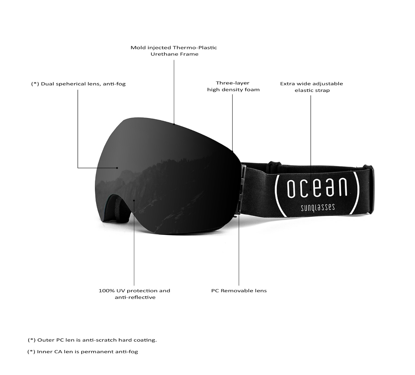OCEAN Arlberg Ski Goggles Performance Sports Unisex 100% UV Anti-Fog 